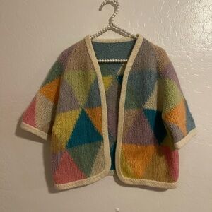 Hand Knitted Short Sleeve Open Front Sweater OS